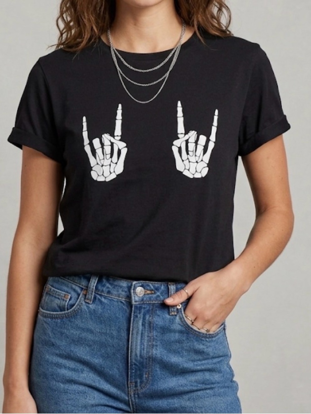 Black Skull Rock Hands T-shirt Size 0X